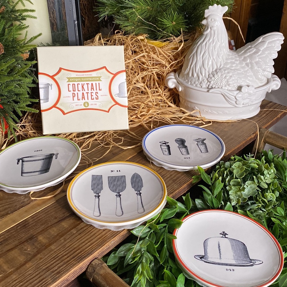 Williams Sonoma Adorable Antique Illustration Cocktail Plates - Set of Four